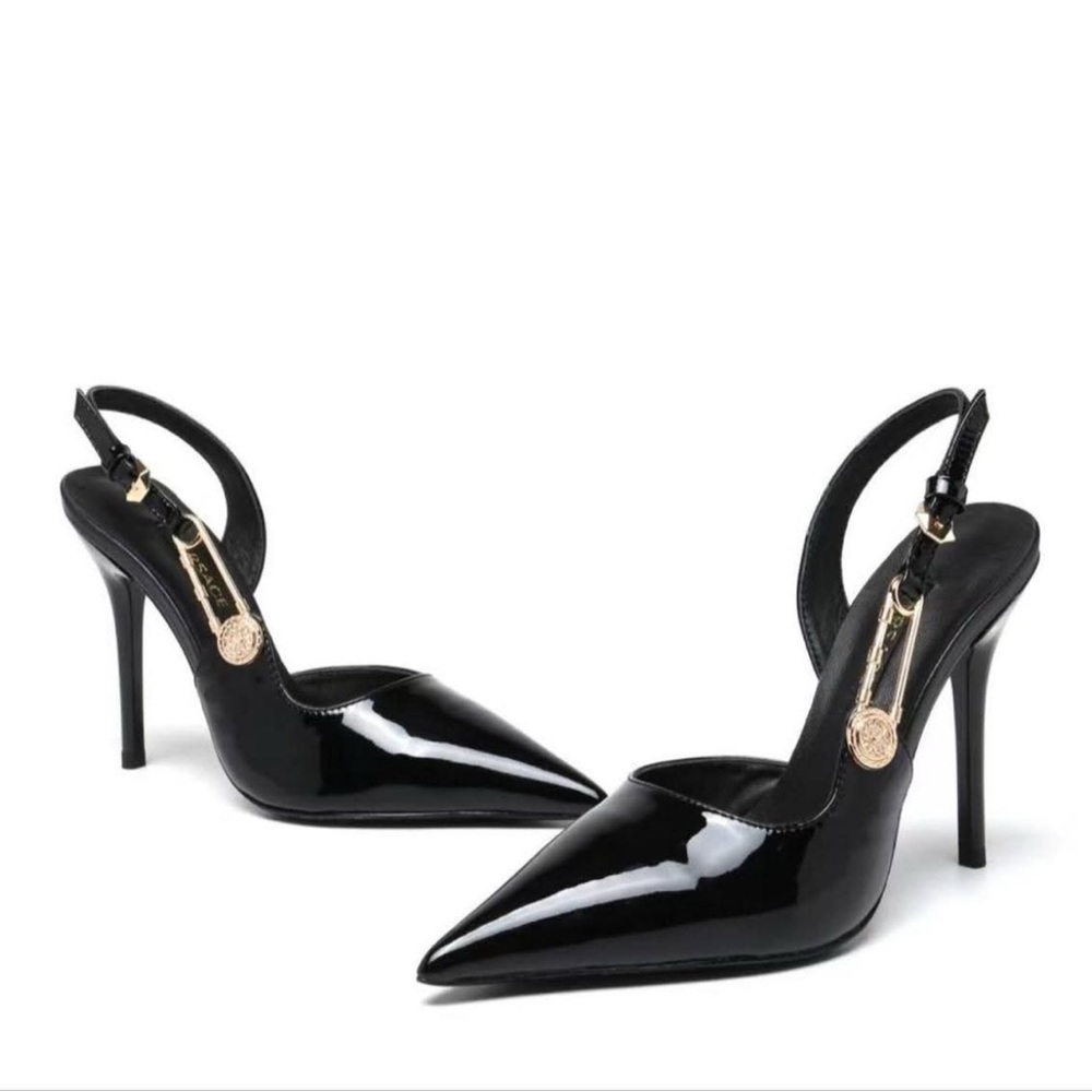 Versace Black Patent Leather Slingback Heels Size 39 - Picture 3 of 11